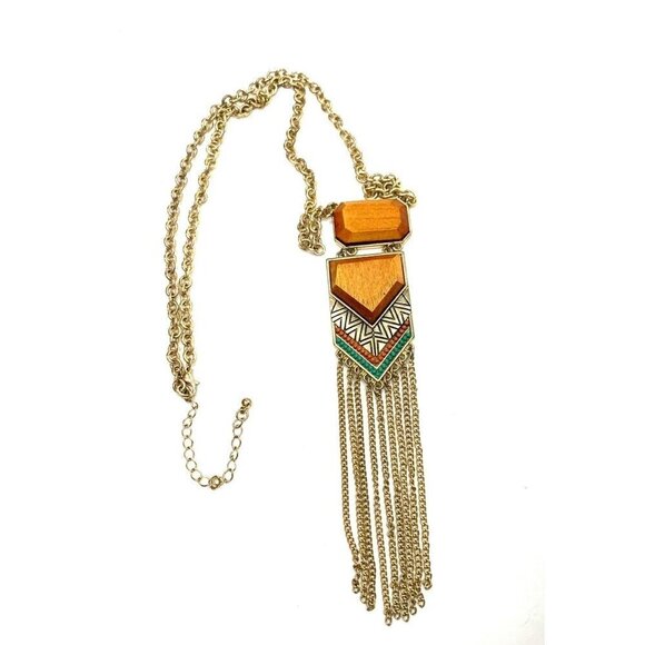 Boho Southwestern Style Necklace Gold Chain Tassel Faux Amber Pendant 25"L - Picture 2 of 5